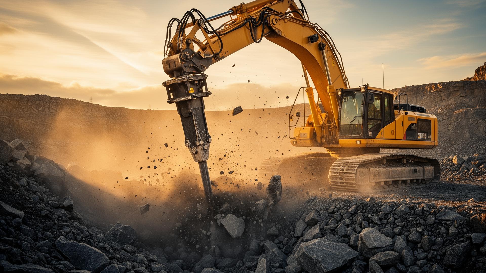 Hydraulic breaker hammer attachment crushing rock at a quarry